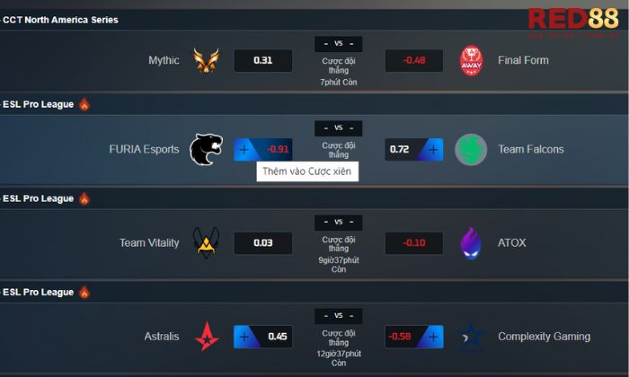E Sports Red88 Tỷ lệ kèo cược E Sports Red88 hấp dẫn