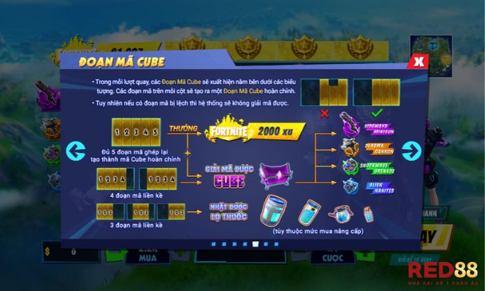 Fortnite Red88 Đoạn mã Cube nằm dưới mỗi biểu tượng trong từng vòng chơi