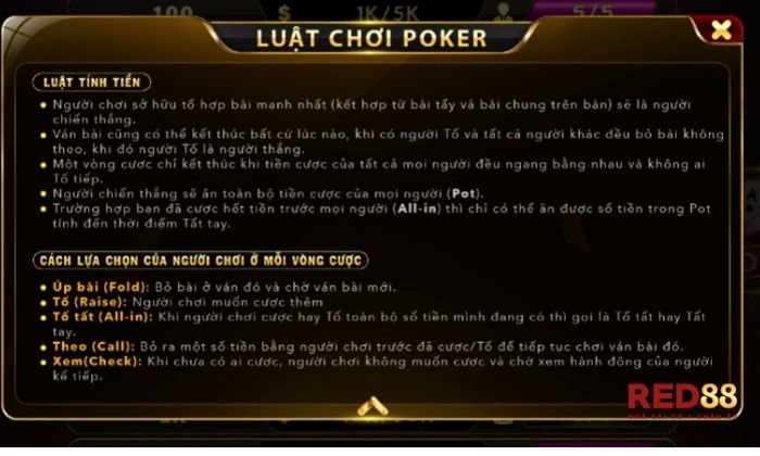 Luật tính tiền trong Poker Red88