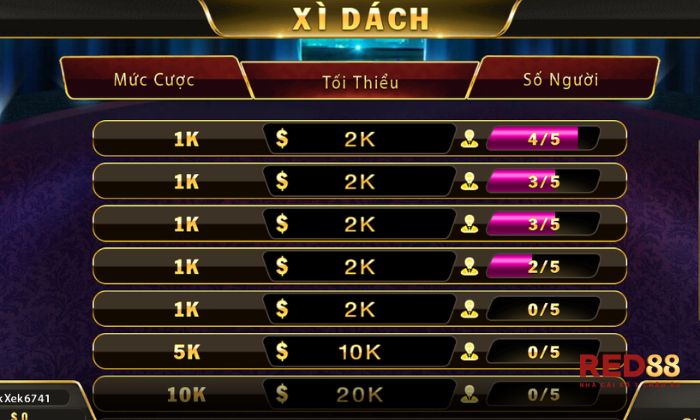 Các mức cược cơ bản tại Xì Dách Red88