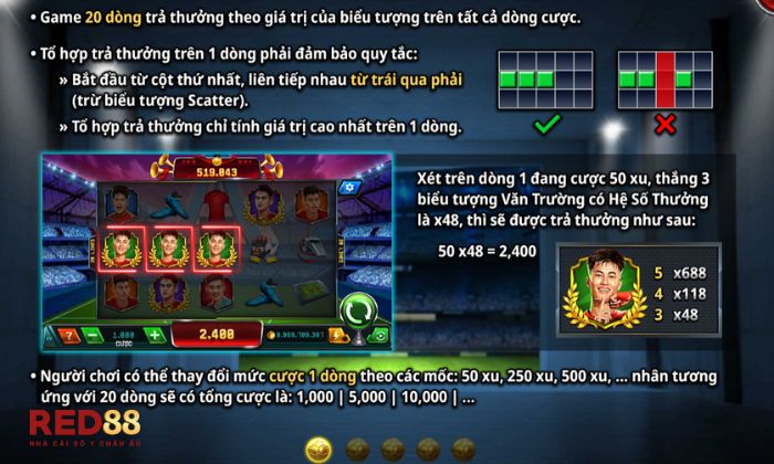 Chiến binh sao vàng Red88 Người chơi có thể tự do điều chỉnh mức cược cho mỗi dòng