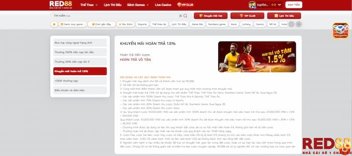 khuyến mãi Red88 Hoàn trà 1.5%