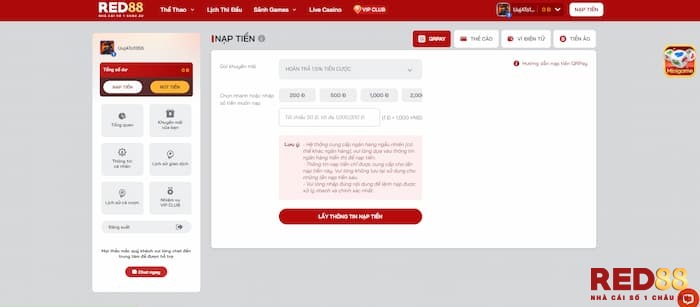 Nạp tiền Red88 bằng tài khoản ngân hàng