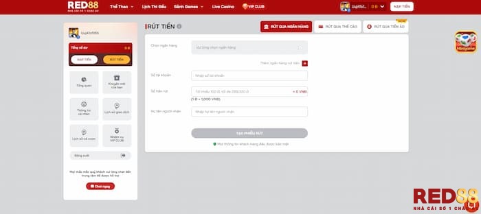 rút tiền Red88 Rút tiền Red88 về tài khoản ngân hàng