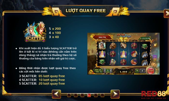 Sơn Tinh Thuỷ Tinh Red88 Cược thủ được tặng lượt quay free khi xuất hiện 3 biểu tượng Scatter