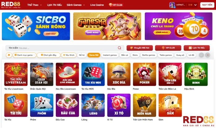 Chọn Tài Xỉu Red88 tại mục Trò chơi